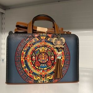 New Embossed Artisan Aztec Calendar Design Mexican Crossbody Handbag Purse